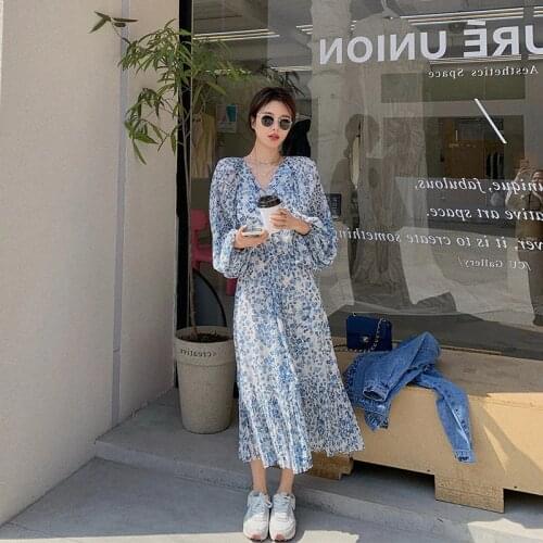 Summer Womens Dress Long Sleeve V-neck Long Dresses Pleated Floral Chiffon Dress