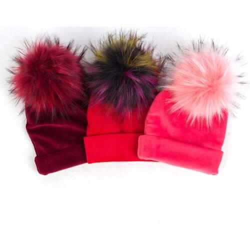 Candy Color Faux Raccoon Fur Pompom Beanies Soft Newborn Baby Hat Thick Flannel Girls Boys Warm Cap