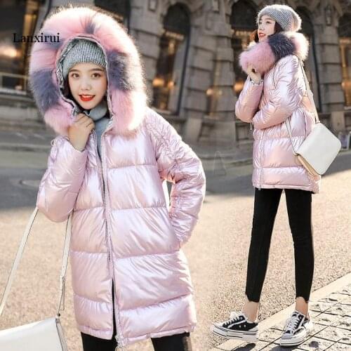 New Women Winter Gold Down Cotton Jacket New Fashion Glossy Black Big Hooded Thick Shiny Loose Big Fur Warm Parkas Lady Coat