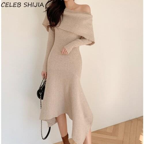 New Slash Neck Knitting Dress Woman Ruffles Khaki Elegant Autumn Womans Knit Dress Vestidos Fall Warm Party Dresses Winter
