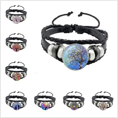 New Beauty Colorful Tree of Life Charm Leather Rope Chain Bracelets for Women Male Adjustable Bohemia Bangle Jewelry