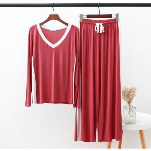 Modal Pijamas White Strips Hit Color Home Clothes Spring Autumn Pajamas Women New Long Sleeve Nine Point Pant Two-Piece Set