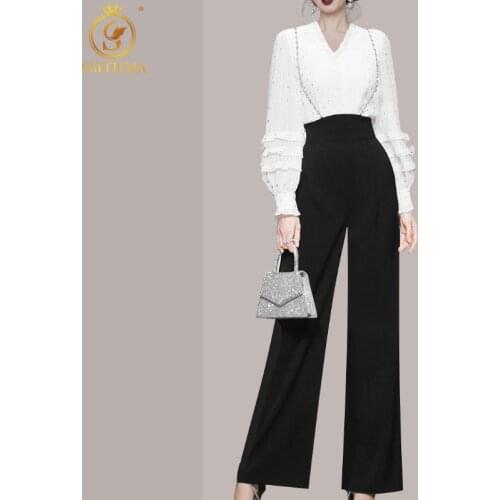 SMTHMA 2021 New Fashion Korean Sexy V-Neck Loose Long-Sleeved Blouse + High-Waist Straight-Leg Casual Pants Two-Piece Suit