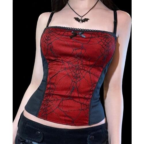 Grunge Goth Top Vintage Harajuku Sexy Cut Out Zipper Camisole Punk Spider Net Graphic Backless Summer Basic Crop Camis