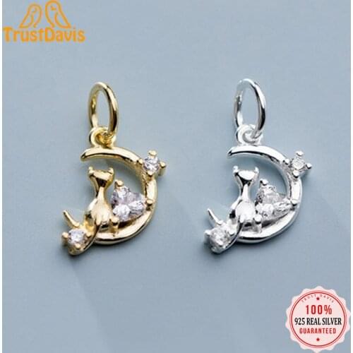 TrustDavis 2021 Fashion Real 925 Sterling Silver Sweet Moon Cat Shiny CZ Charm Pendant Handmade DIY Accessories Jewelry DZ152