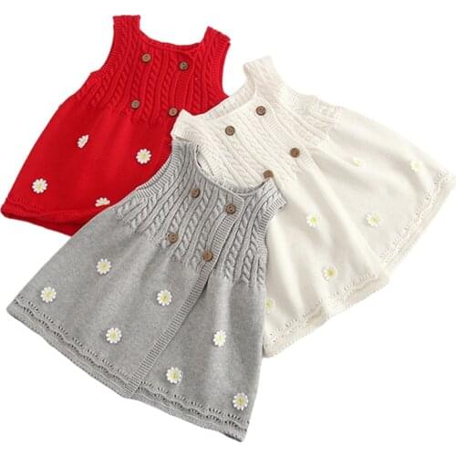 1-6Yrs Baby Girls Knitted Dress for Childrens Kids Vest Sweater Cardigan Clothes Elegant Princess Dresses Kids Flowers Clothes