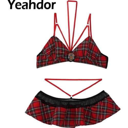 XL-5XL Women Sexy Lingerie Suit School Uniform Cosplay Costume Halter Neck Plaid Print Bras with Skirt Set Exotic Underwear