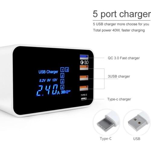 40w 5 Port Charger Type C QC 3.0 USB Charger For iPhone Adapter QI Wireless Charger Led Display Fast Charger For Xiaomi Huawei