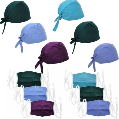 Women Men Working Cap Unisex Adjustable Cotton Solid Color Reuseable Sweatband Hats Work Wear Breathable Scrub Caps Sets Scrubs