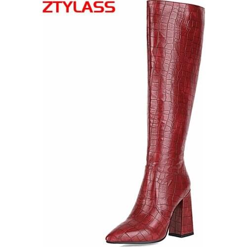 2021 Pleated Knee High Boots Faux Leather Women Boots Fashion Pointed Toe Square High Hee lLong Boots Shoes Big Siz 34-43