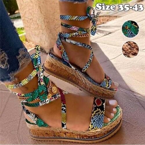 Lace Up Women Platform Sandals Mix Color Snake Pattern Beach Schoenen Vrouwen Sandalen Plus Size Ankle Strap Platform Sandals