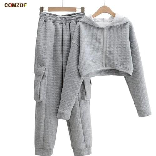 Thick Women 2 Piece Set Short Zipper Hoodie+Sweatpants Autumn Winter Plaid Suits Lady Casual Clothing Chandal Mujer