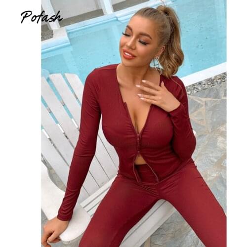 Pofash Solid Casual Autumn Two Pieces Outfits Women Clothing Zipper V Neck Long Sleeves And Pants Female Slim 2 Piece Set 2021