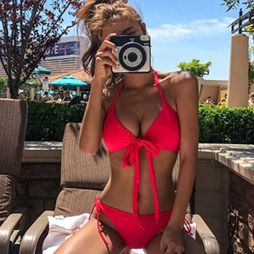 Women Sexy Bikini Set Swimwear Knotted Padded Thong Swimsuit Wire Free Scoop Neck Bathing Suit Swimming Red Bikini