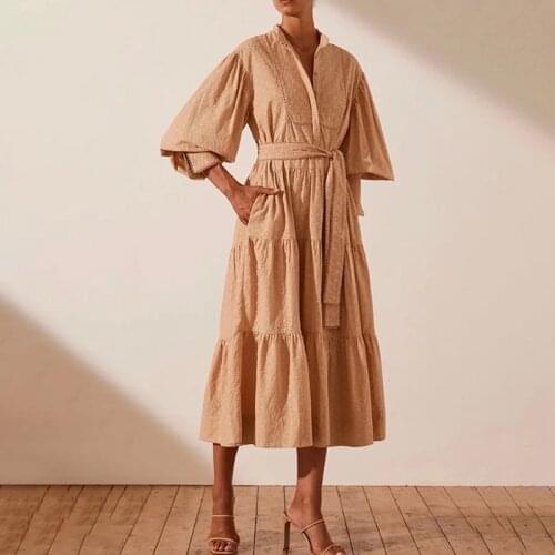 Women Floral Embroidery Summer Maxi Dress Lantern Sleeve High Waist Tunic Belt Long Casual Dress