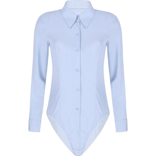 Womens Lingerie Bodysuit Shirt One-Piece Turn-down Collar Long Sleeve Sex Costume Button Down Easy Care Work Bodysuit Shirt