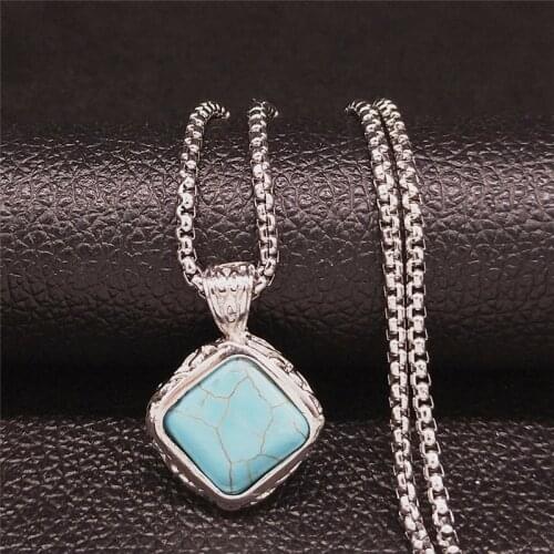 Geometry Natural Stone Stainless Steel Statement Necklace for Women Silver Color Chain Necklace Jewelry collar mujer N4513S04