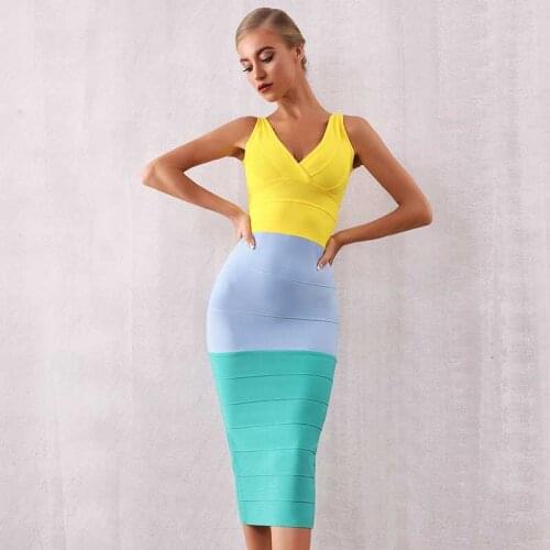 Wholesale 2020 New womans dress Fashion color matching V-neck sexy Spaghetti Strap celebrity cocktail party bandage dress