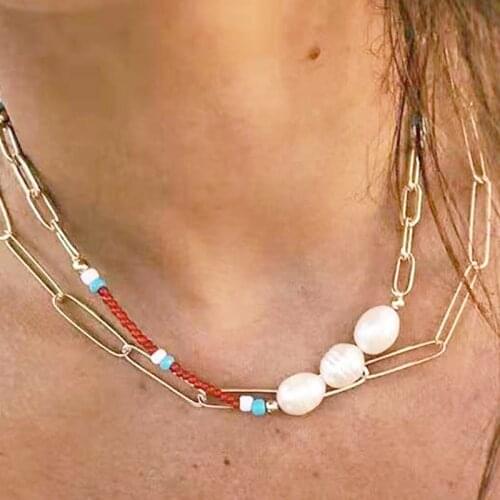 Women short neck jewelry Bohemian style red beads necklace natural pearl fashion modern choker clothing accessory wholesale