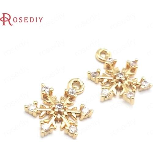 39937)10PCS 10.5x14.5MM 24K Champagne Gold Color Brass and Zircon Snowflake Charms Pendants Jewelry Making Supplies Findings