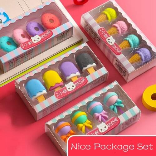 4pcs Cartoon Novetly Ice Cream Hamburger Lollipop Detachable Rubber Eraser School Student Correction Eraser Tool Stationery