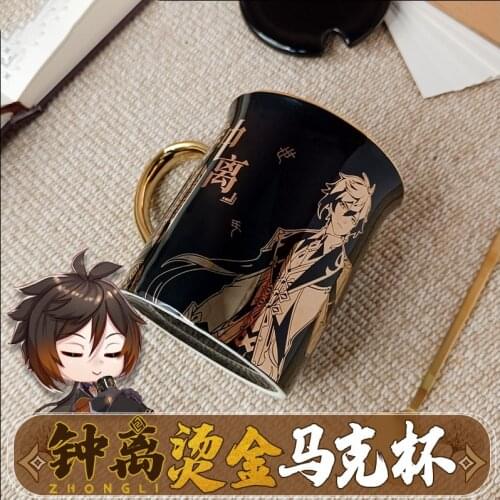 Anime Genshin Impact Liyue Harbor Zhongli Cartoon Ceramic Coffee Water Mug Cup Japanese Gold Stamping Creative Xmas Gifts
