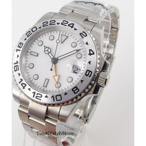 Bliger 40mm Mens Watch GMT Function 3804 Automatic Movement White Sterile Dial Sapphire Glass Date Window Oyster Bracelet