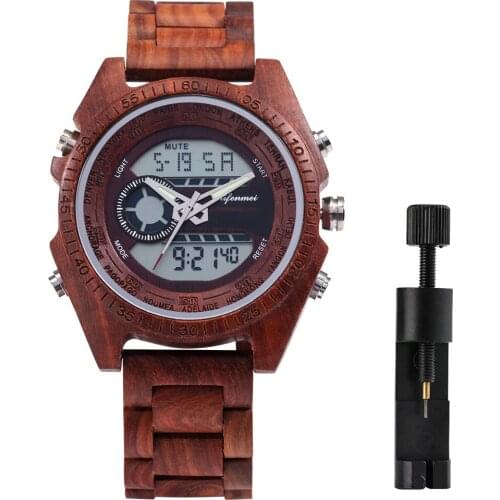 Full Wood Watch Mens Digital Poiner Dual Display Watches Red Wooden Quartz Clock With Strap Adjuster Manual Male Birthday Gift