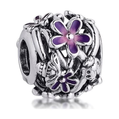 CKK Silver 925 Jewelry Openwork Purple Daisy Charm Fits Original Bracelets Sterling Beads
