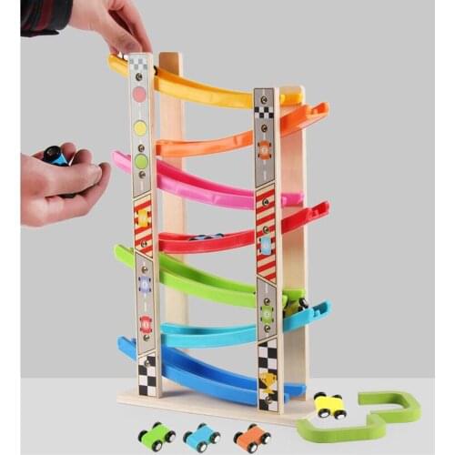 Wooden 7-Layer Ramp Race Track Car Ramp Racer With 8 Mini Inertia Cars Sliding Toy Toddlers Kids Developmental Vehicel&Train Toy