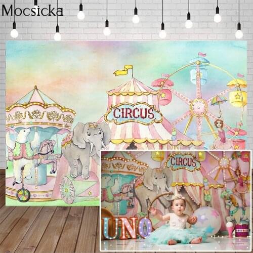 Circus Birthday Backdrop Pink White Striped Tent Bear Elephant Photography Background 1st Birthday Backgrounds for Photo Studio