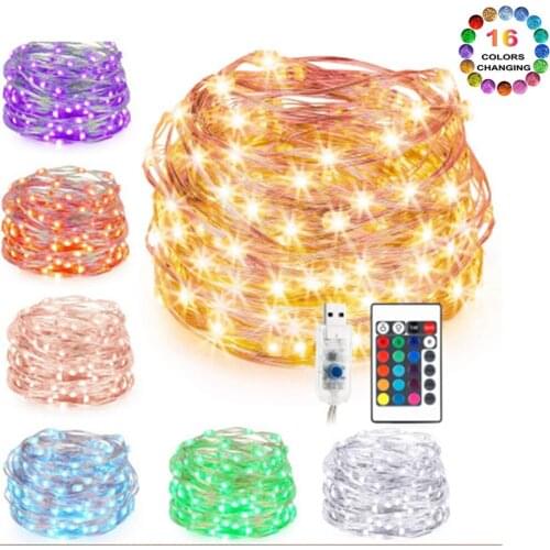 100 LEDs Remote Control Fairy Lights Copper Wire LED String Lights 16 Colors for Garland Christmas Tree Wedding Room Decoration