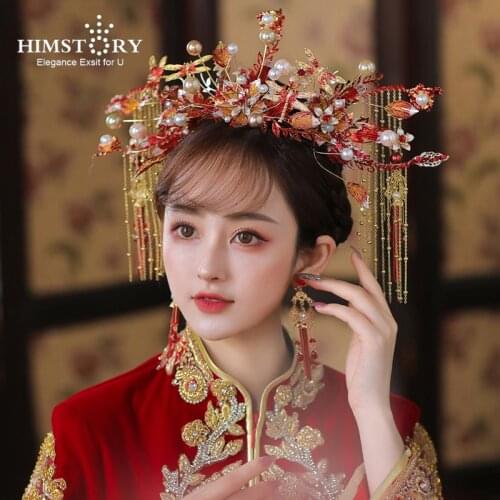 HIMSTORY Chinese Tranditional Wedding Crown Red Flower Butterfly Designs Hair Comb Hairpins Brides Costoume Hair Accessories