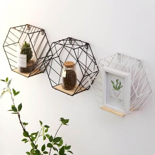 Ins Nordic Style Wrought Iron Racks Kitchen Living Room Hexagonal Ornament Finishing RackWall Hanging Organizer Wall Decor