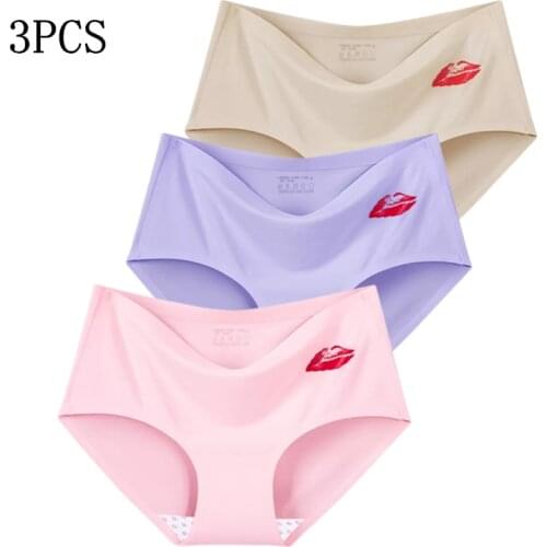 3PCS Women Girls Seamless Underwear Panties Briefs Ice Silk Red Lips Printing Fashion Sexy Ladies Girls Underwear Panties
