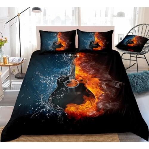 3D Black Guitar Duvet Cover Set Guitar on Fire and Water Quilt Cover Black Musical Instruments Bed Set King 3pcs Music Dropship