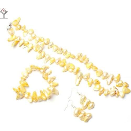 Wedding Women Jewelry set 8-15mm Bright Yellow baroque elongated pearl necklace bracelet hook Earring natural freshwater pearl