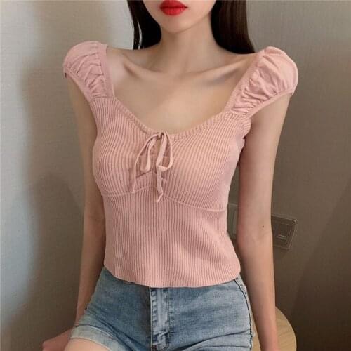Summer Women Knitted Tank Tops Slim Drawstring Sexy V-Neck Casual Short Camisoles