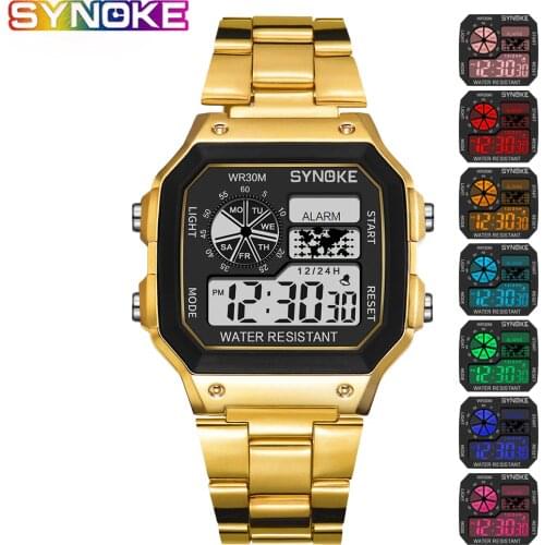 SYNOKE Digital Watch Student Men Colorful Luminous LED Stainless Steel Multi-function Fashion Gold Silver Electronic Watch