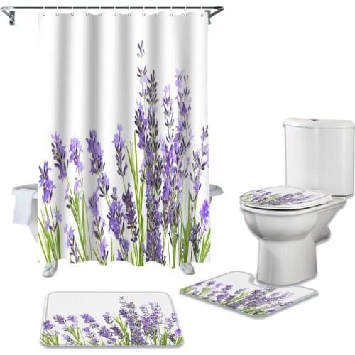 Purple Lavender Shower Curtain Sets Non-Slip Rugs Toilet Lid Cover and Bath Mat Waterproof Bathroom Curtains