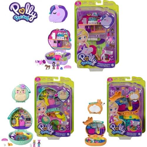 Original Polly Pocket Micro Polly Dolls Friend Pets Hotel Theme Wearable Purse Playset, Toys for Girls Great Gift Fun Features
