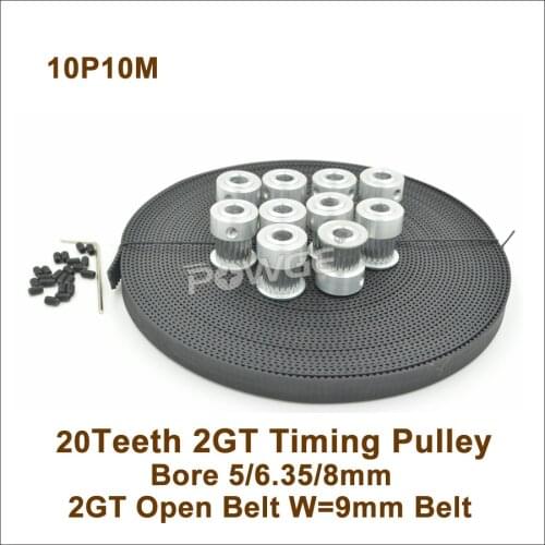 POWGE 10pcs 20 Teeth 2GT Timing Pulley Bore 5/6.35/8mm + 10meters GT2 Synchronous Belt W=9mm 20T 20Teeth GT2 Timing Belt Pulley
