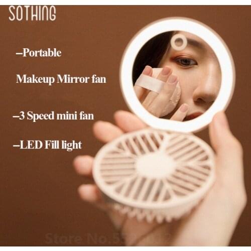 Sothing LED Makeup Mirror with Fan Handheld Portable USB rechargeable Makeup Tool Fill Light Mini Mirror Cooler Fan