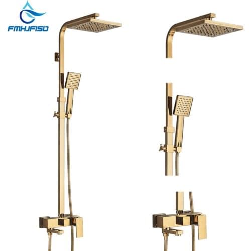 Modern Golden Brass 8" Round Rain Shower Head Hand Shower Sprayer Wall Mount Tap hot cold Mixer rotatable bathroom SHower set