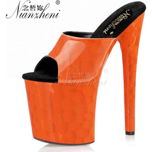 20CM Super High heeled shoes Nightclub Pole dancing Show 8 inches Patent leather Sexy Fetish Party Thick platform Women Slippers
