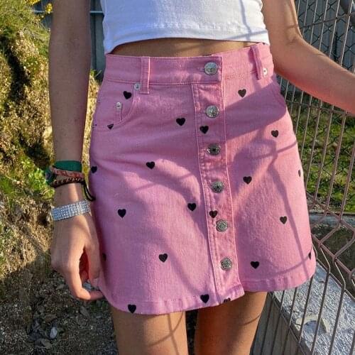 Cutie Sweet Pink Heart Denim Skirt Women 2020 Chic Front Button Up Mini Skirts School Girl Fashion High Waist a Line Jeans Skirt
