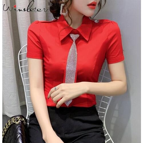 Summer European Clothes Blouse Fashion OL Shoulder Board Sexy Shiny Diamonds With Tie Button Cardigan Tops Shirt 2021 T15006A