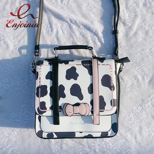 Cute Bow Crossbody Bags Girls Fashion Cow Pattern Purses and Handbags for Women Japanese Totes Kawaii Shoulder Bag Pu Leather