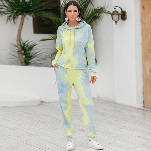 2020 Warm Tie dye Sport Sets Women Winter Autumn Tracksuit Long Sleeve Hoodie Top+Sweatpants Outfits Running Suit Sportswear