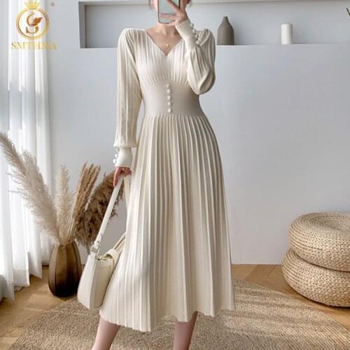 SMTHMA 2021 New Autumn Winter Knit Long Dress Women Casual Sexy V-Neck Slim Sweater Dresses Robe Office Lady Clothing
